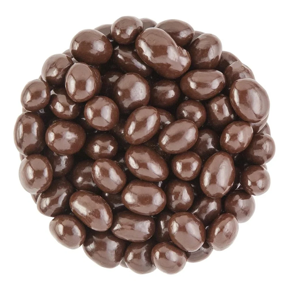 Bayside Candy Belgian Milk Chocolate Covered Raisins: close up of the pieces