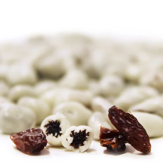 Yogurt coated raisins, close up